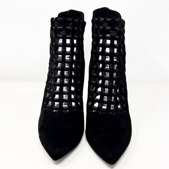 Impo Black‎ Faux Suede Stretch Ankle Boots Lattice Cutwork Zipper Back 3.5” Heel - Picture 3 of 11